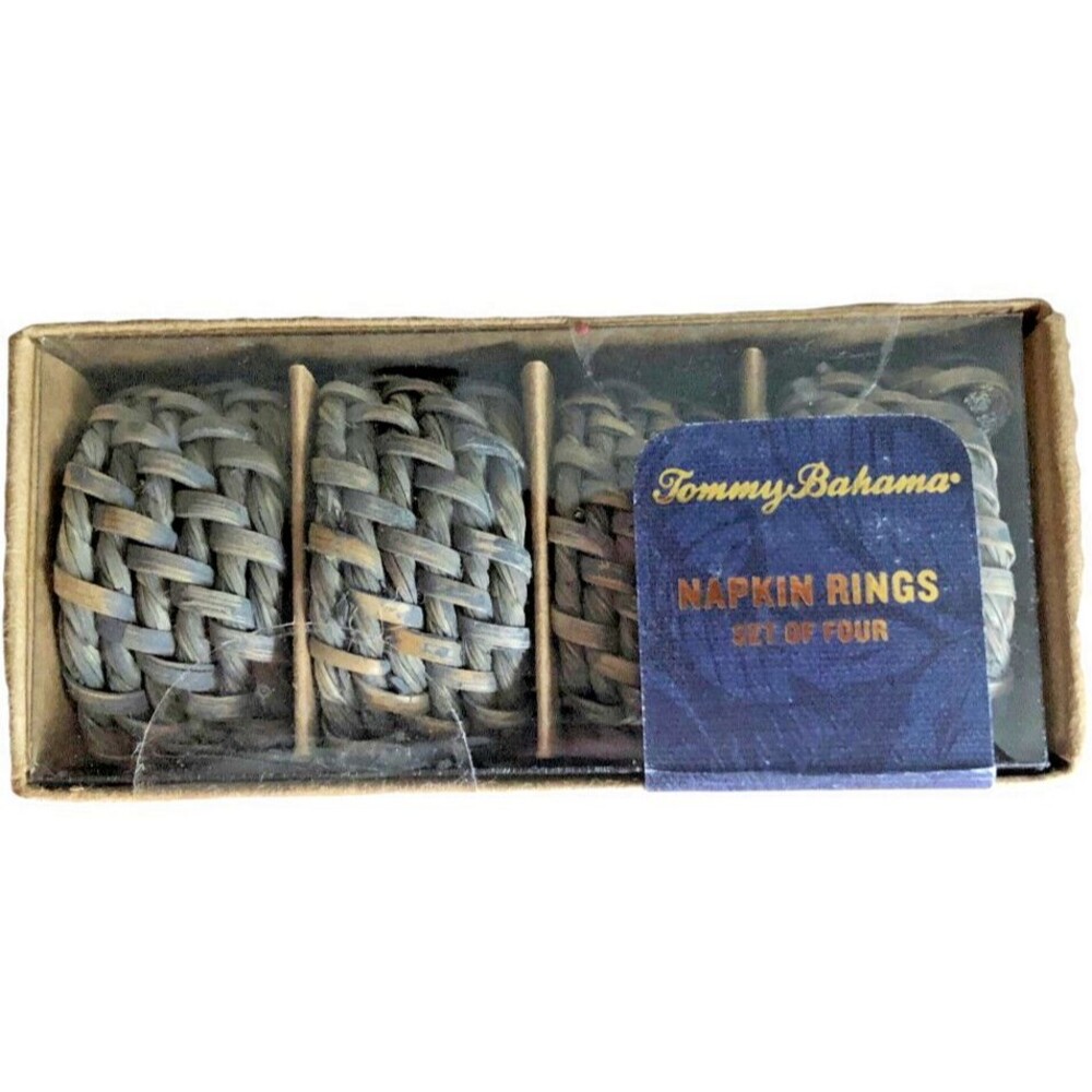 Tommy Bahama Napkin Rings Set of 4 Rattan Distressed Blue Brown Woven Wicker